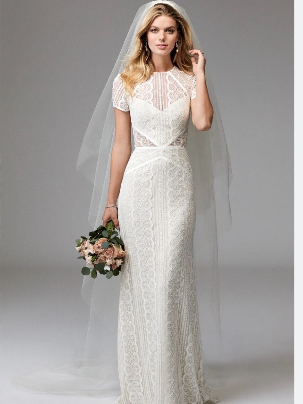 Watters Ivory Lace Sheath Wedding Dress with Cap Sleeves